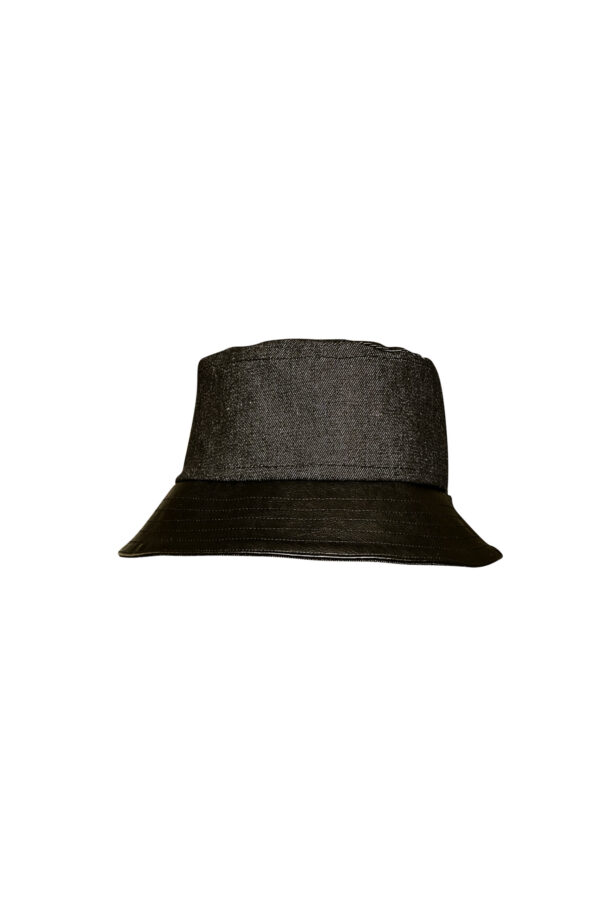 Black denim and faux leather bucket hat